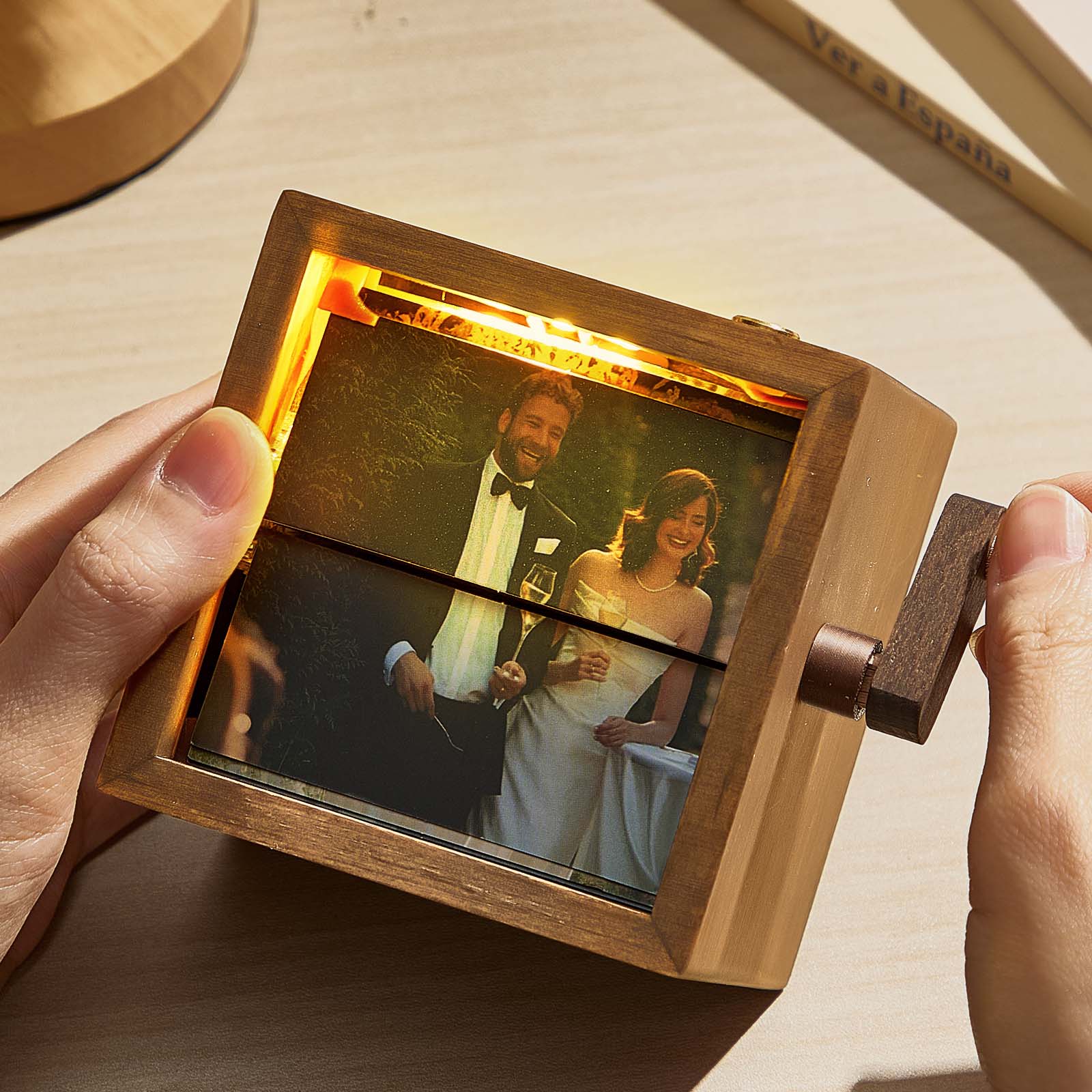 Custom photo flipbook frame, hand-cranked animation, black walnut baby cube—an inventive gift for treasured memories