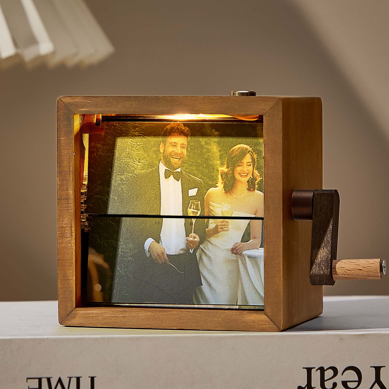 Custom photo flipbook frame, hand-cranked animation, black walnut baby cube—an inventive gift for treasured memories