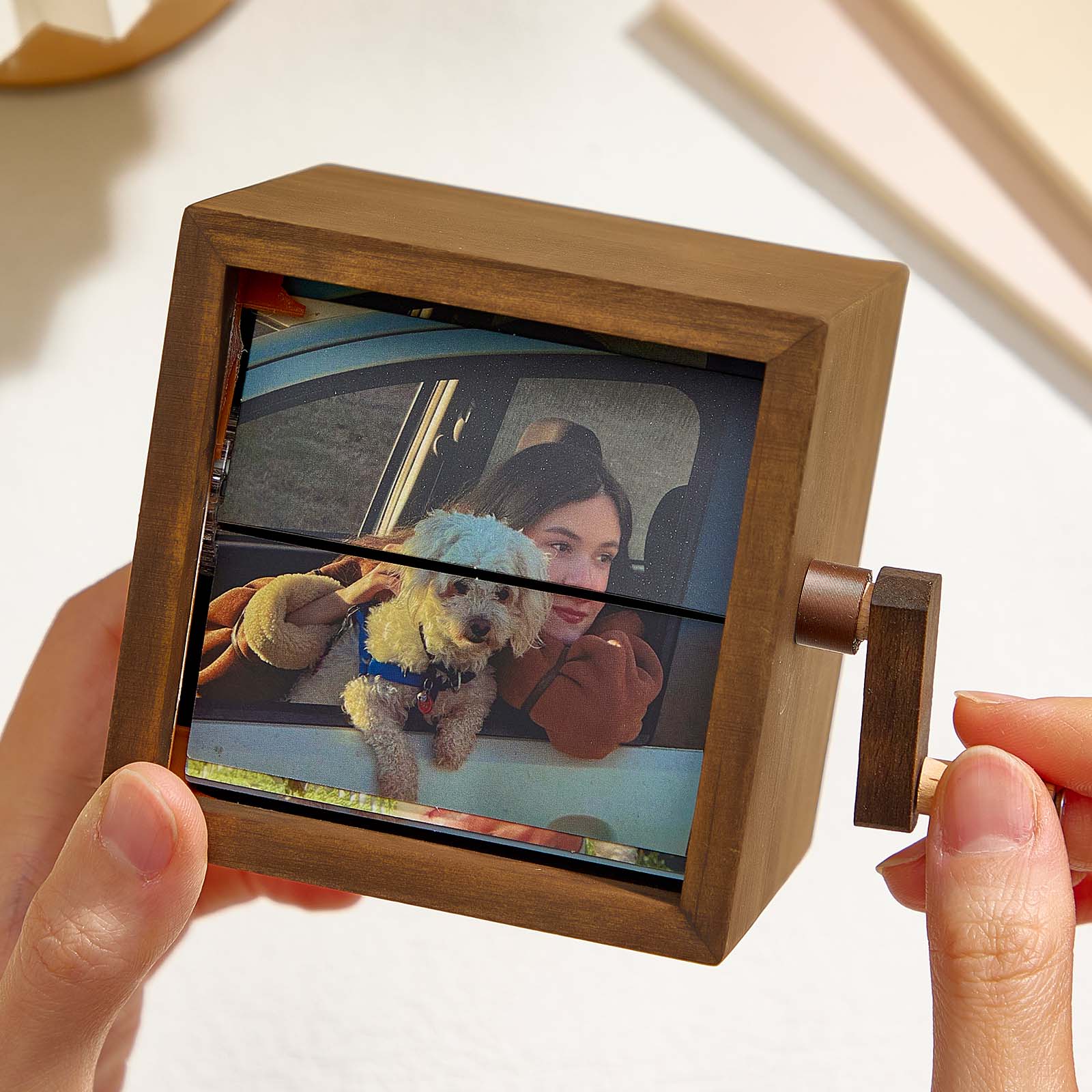 Custom photo flipbook frame, hand-cranked animation, black walnut baby cube—an inventive gift for treasured memories