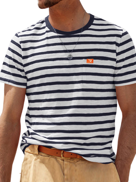 Men's Fashion Casual Striped Short Sleeve Round Neck Pocket T-Shirt