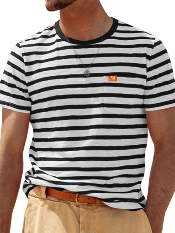 Men's Fashion Casual Striped Short Sleeve Round Neck Pocket T-Shirt