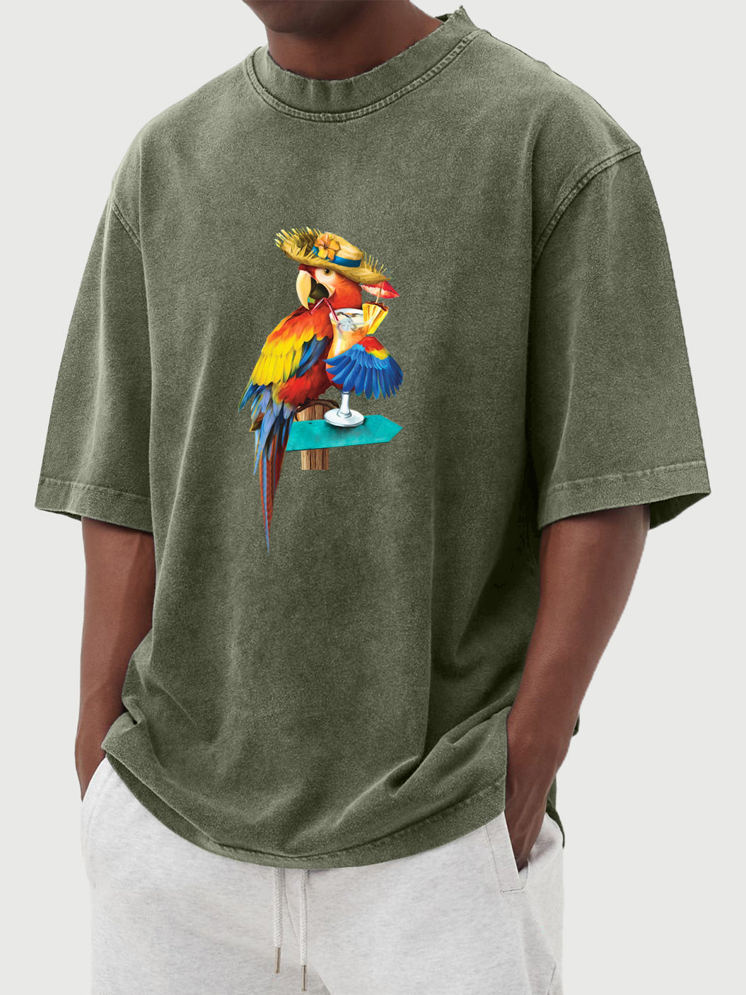 Men's Parrot Cocktail Hawaiian Print Washed Distressed Cotton T-Shirt Top