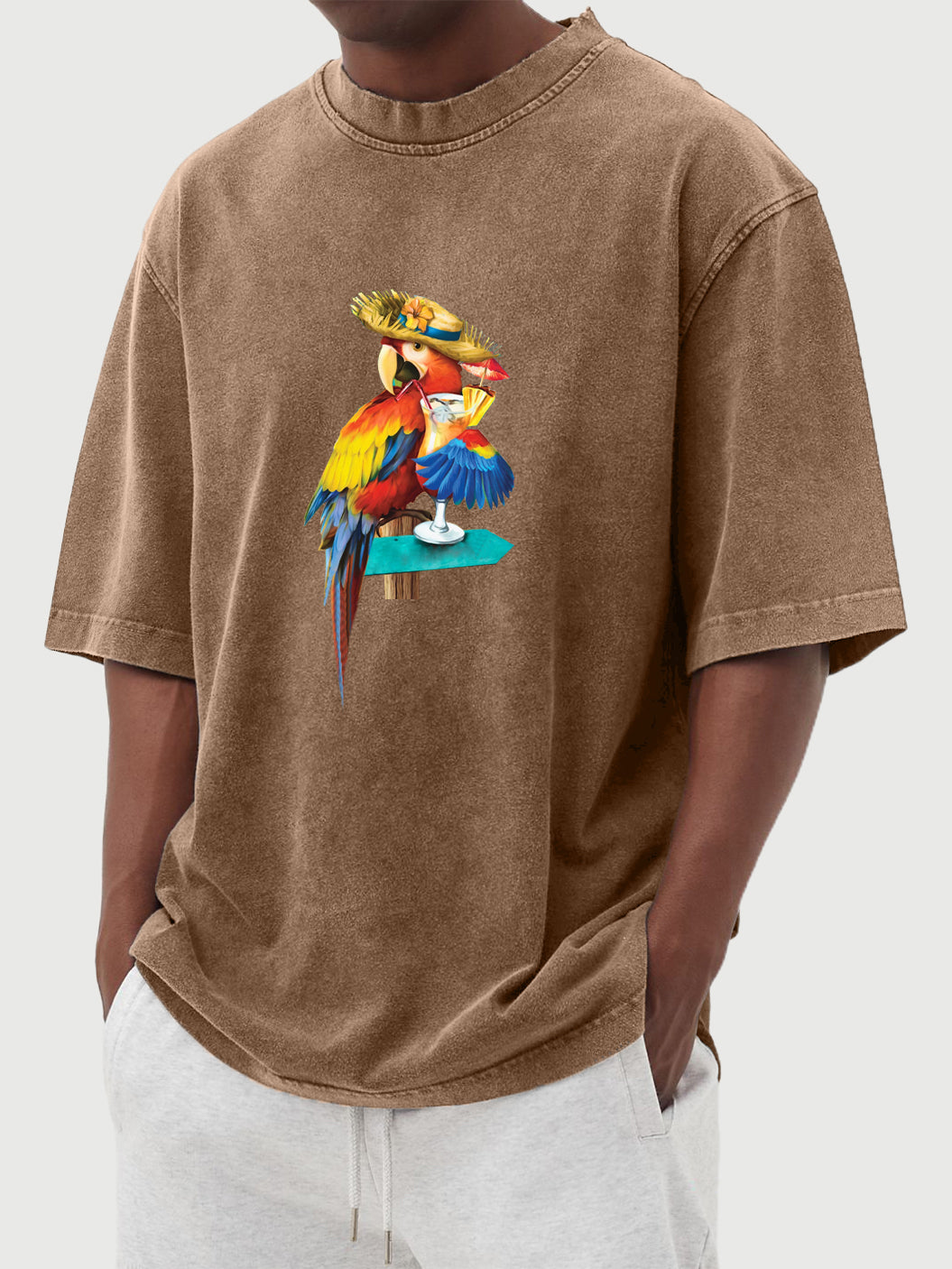 Men's Parrot Cocktail Hawaiian Print Washed Distressed Cotton T-Shirt Top