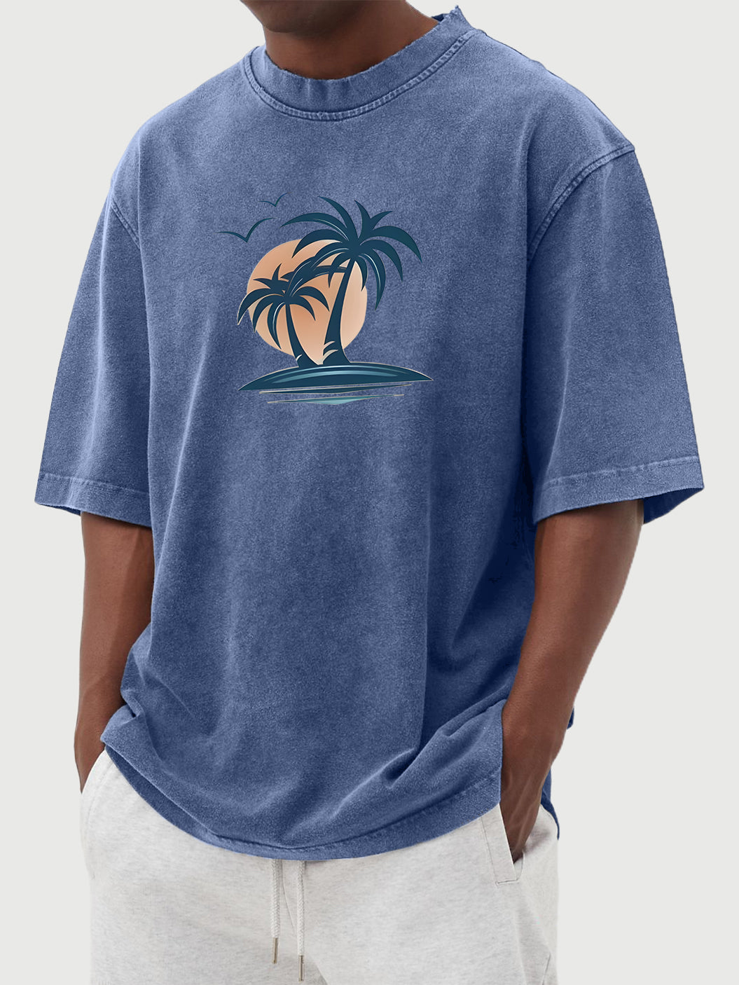 Men's Washed Distressed Cotton Palm Tree Casual Hawaiian Short-sleeved T-shirt