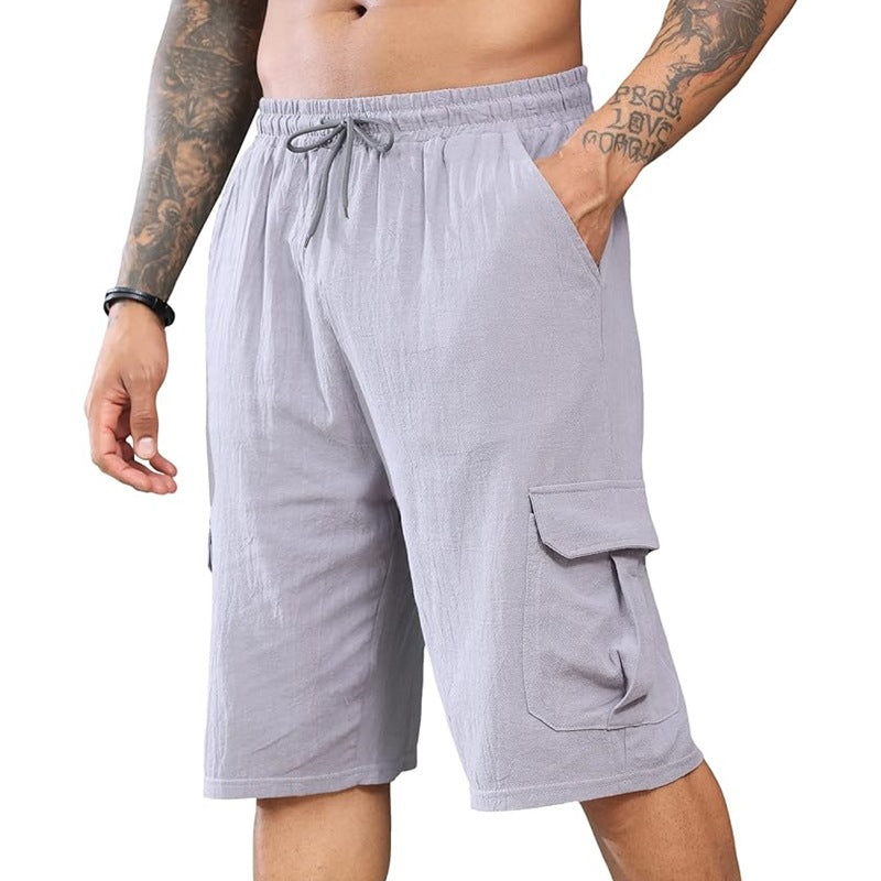 Men's Cotton and Linen Multi-Pocket Tie Shorts