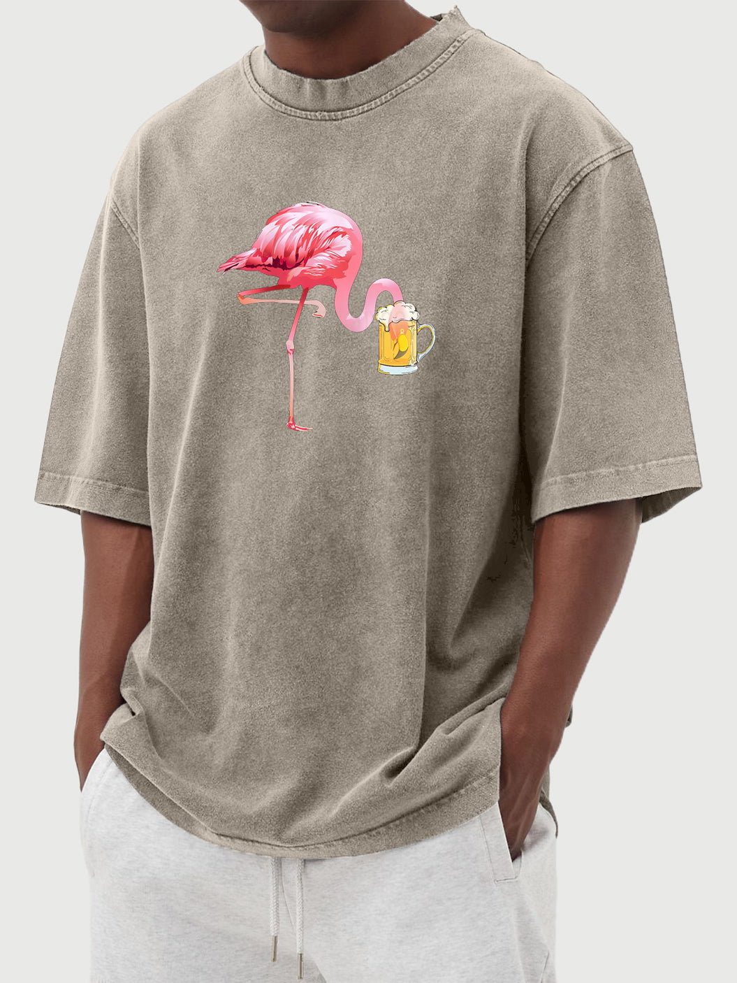 Men's Flamingo Beer Print Washed Distressed Cotton T-Shirt Top