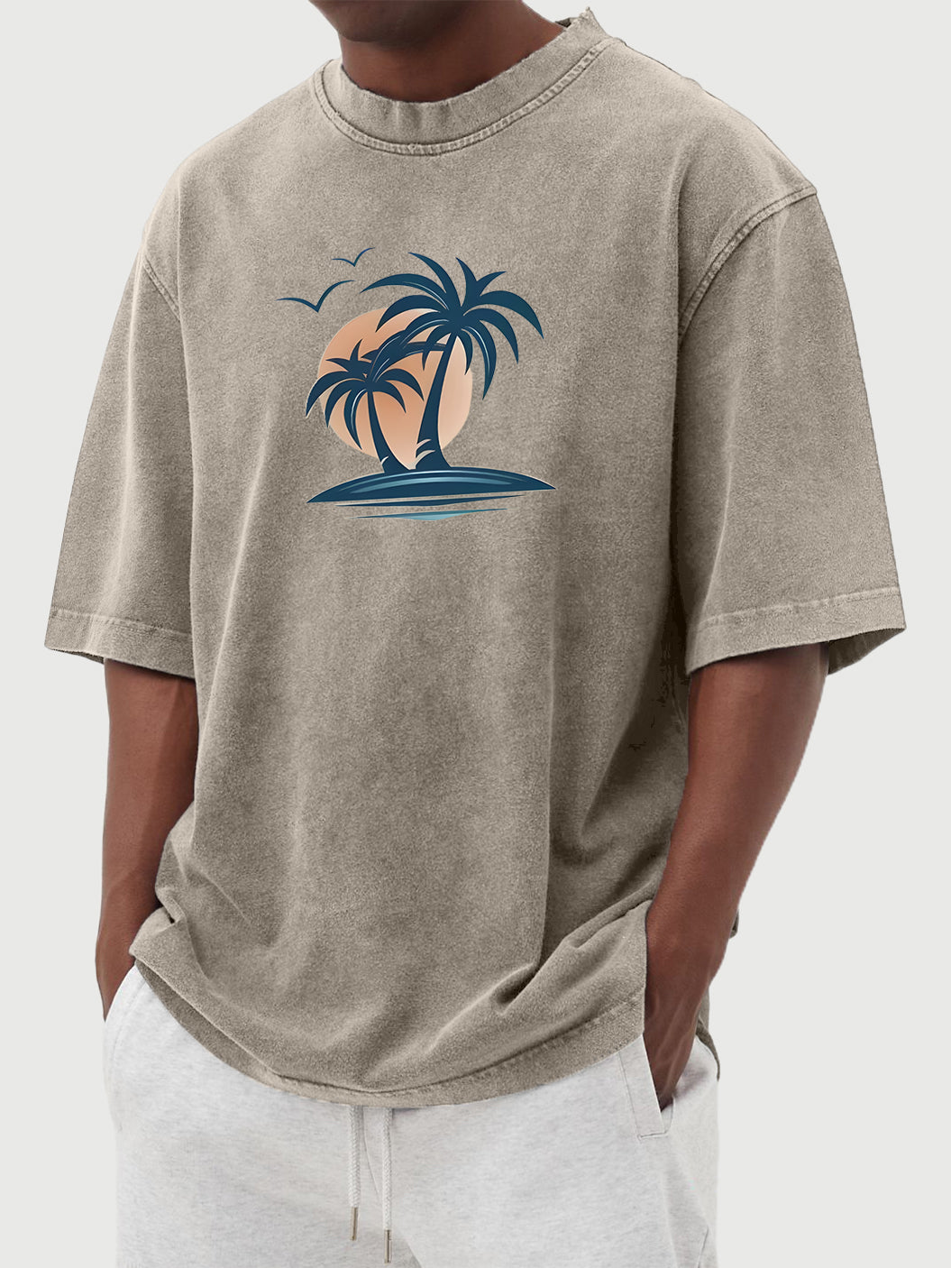 Men's Washed Distressed Cotton Palm Tree Casual Hawaiian Short-sleeved T-shirt