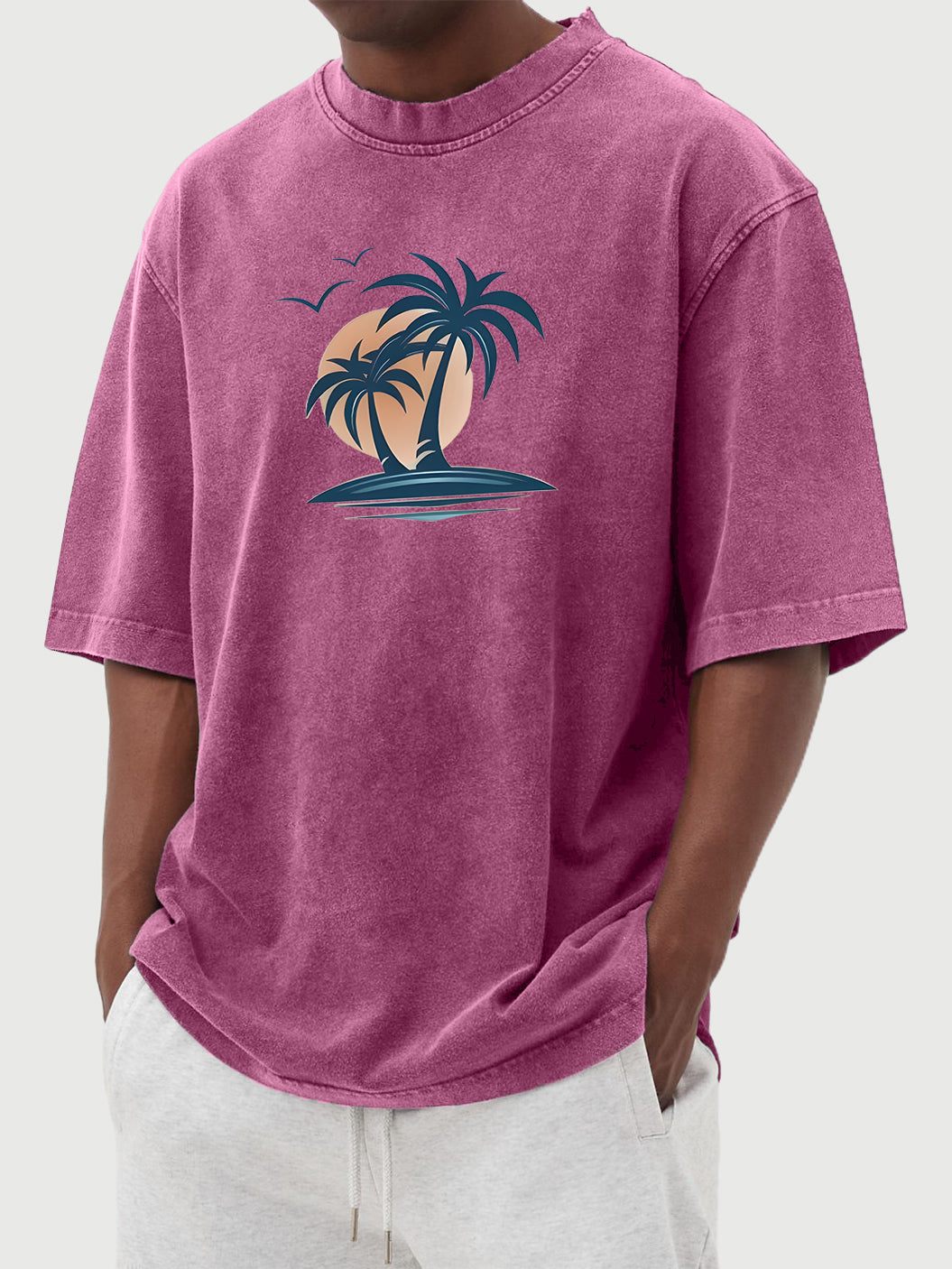 Men's Washed Distressed Cotton Palm Tree Casual Hawaiian Short-sleeved T-shirt