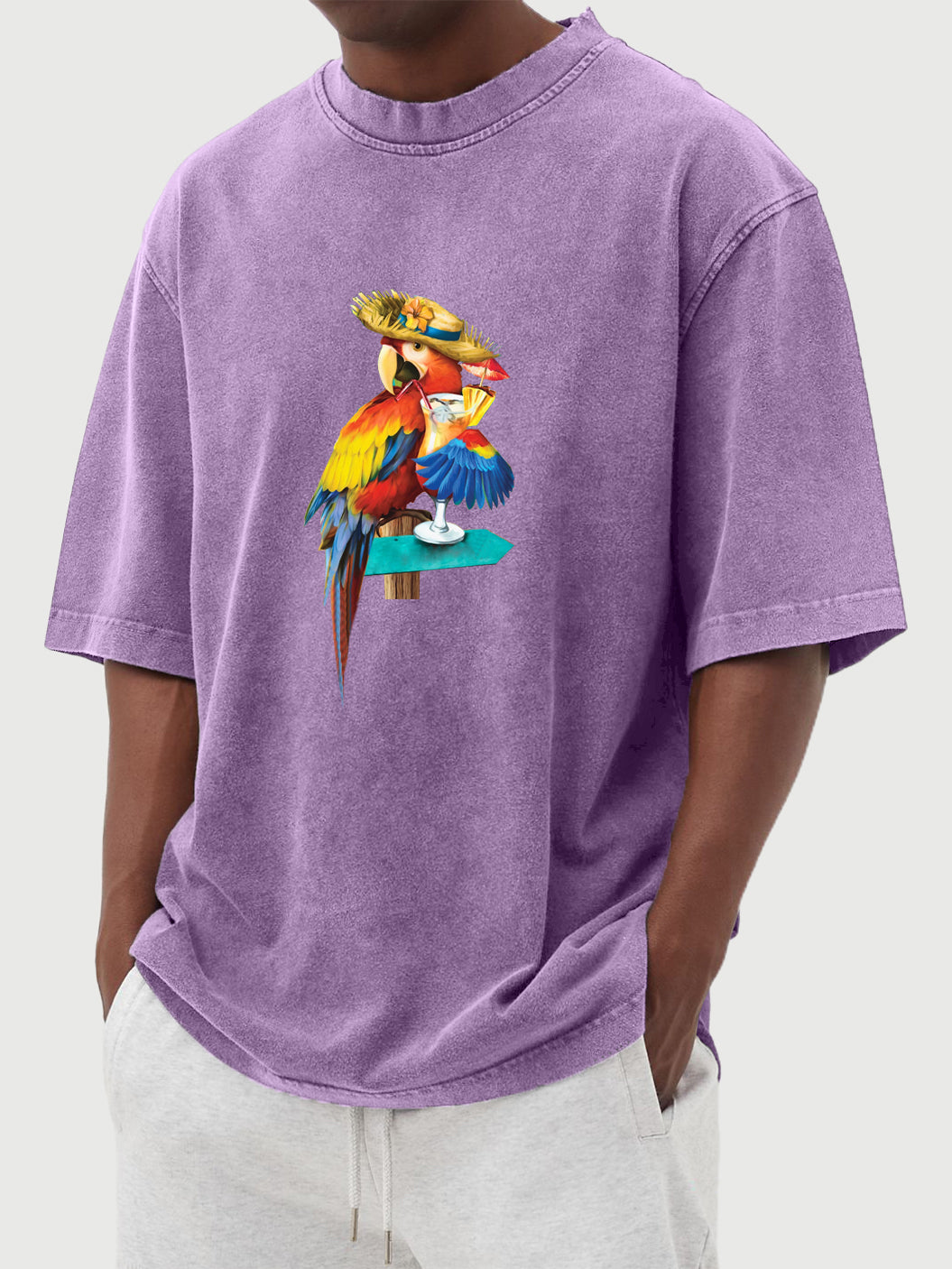 Men's Parrot Cocktail Hawaiian Print Washed Distressed Cotton T-Shirt Top