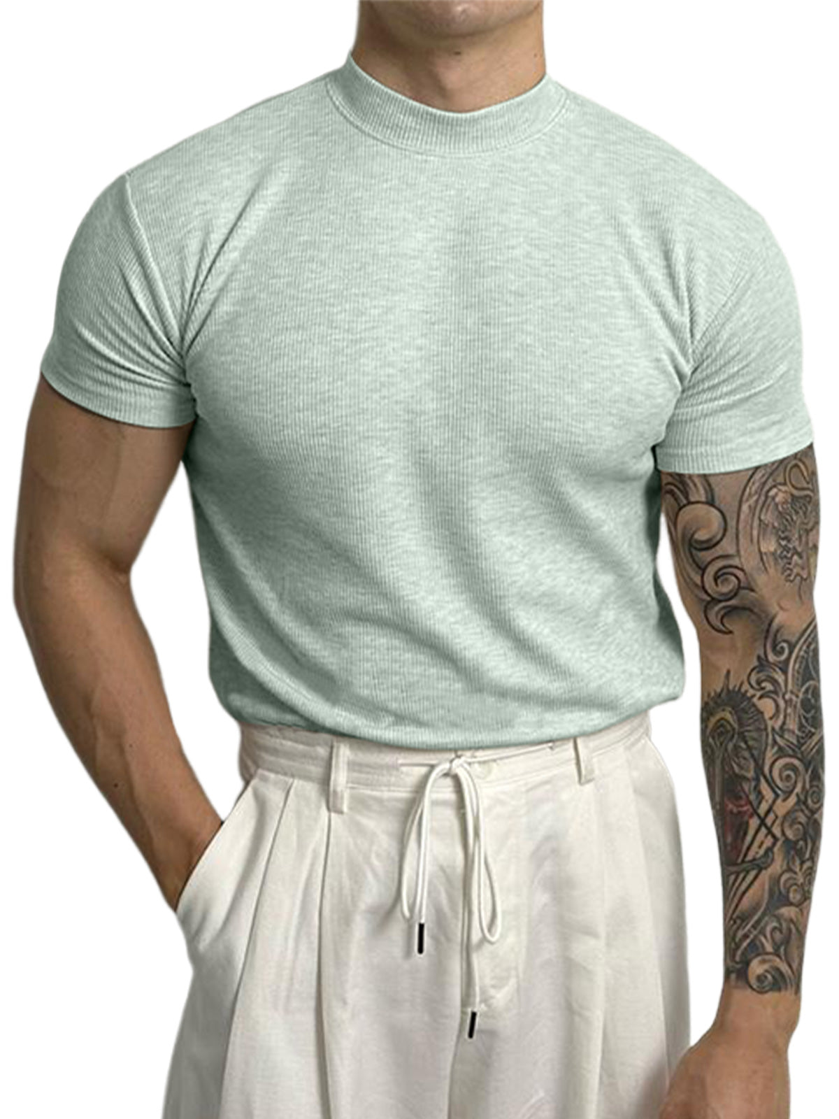 Men's Solid Color Half Turtle Neck Threaded Stretch Short Sleeve T-Shirt