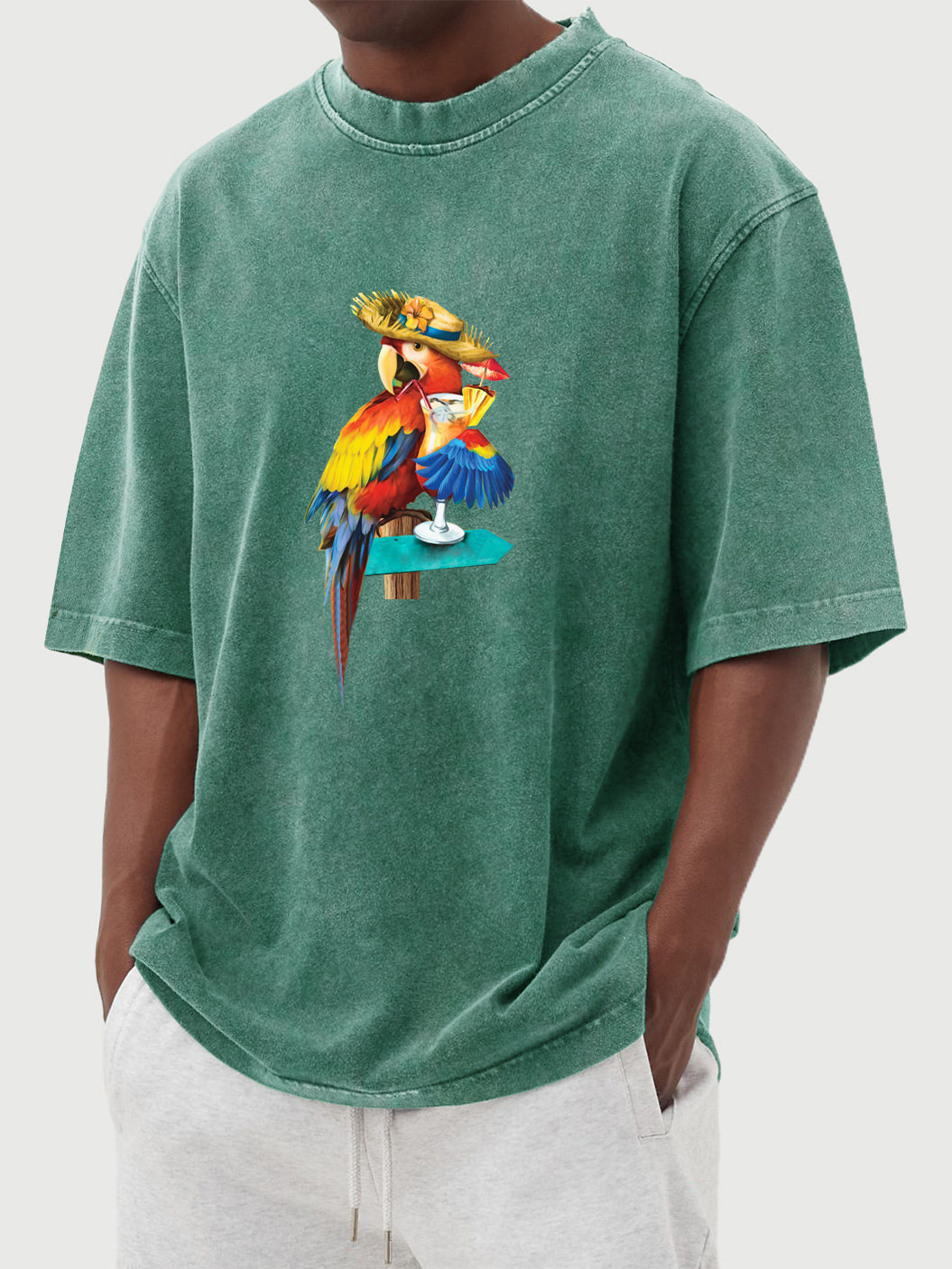 Men's Parrot Cocktail Hawaiian Print Washed Distressed Cotton T-Shirt Top