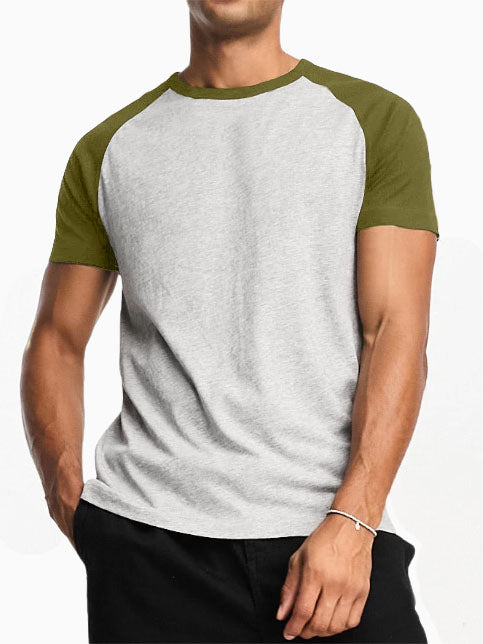 Men's 32-count Double Yarn Contrasting Raglan Round Neck 240g Heavyweight Short-sleeved T-shirt