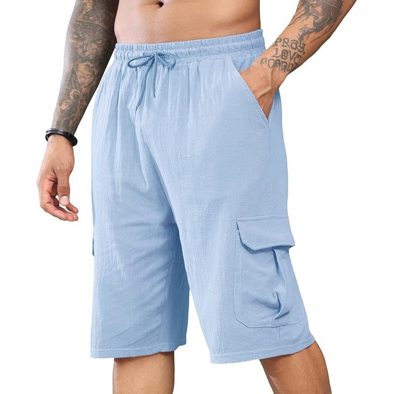 Men's Cotton and Linen Multi-Pocket Tie Shorts