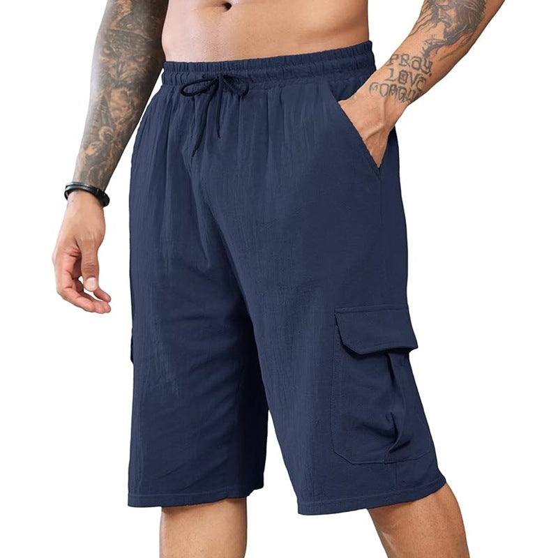 Men's Cotton and Linen Multi-Pocket Tie Shorts