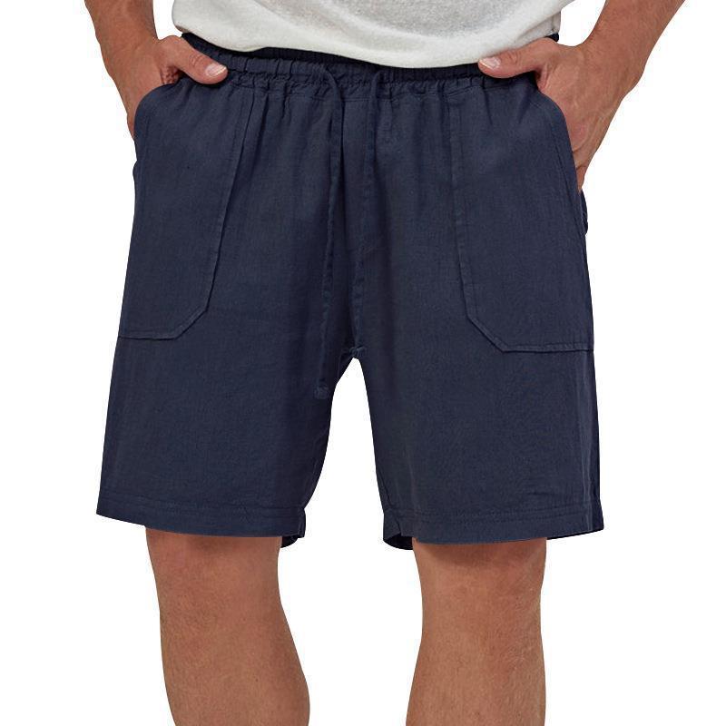 Men's solid color cotton and linen casual loose three-quarter shorts