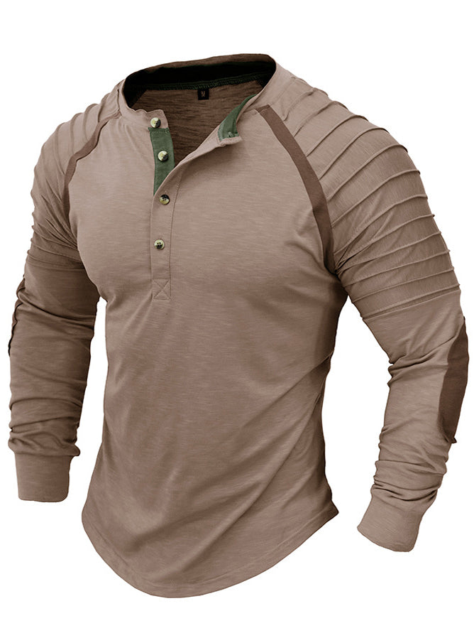 Men's Henry Distressed Pleated Contrast Color Casual Outdoor Retro Long Sleeve T-Shirt