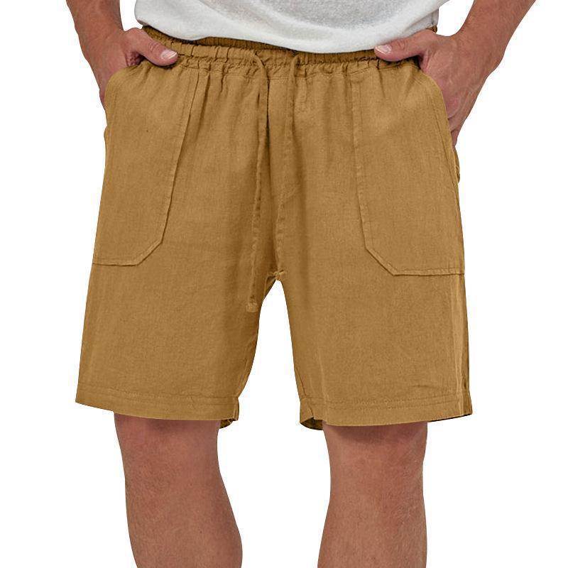 Men's solid color cotton and linen casual loose three-quarter shorts