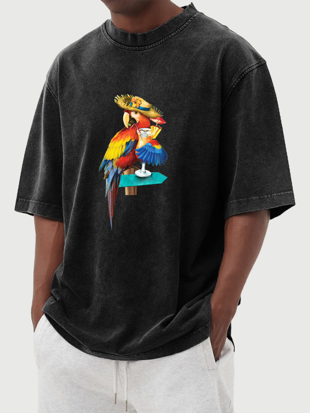 Men's Parrot Cocktail Hawaiian Print Washed Distressed Cotton T-Shirt Top