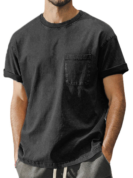 Men's High Quality Cotton Basics Washed Distressed Pocket Crew Neck T-Shirt