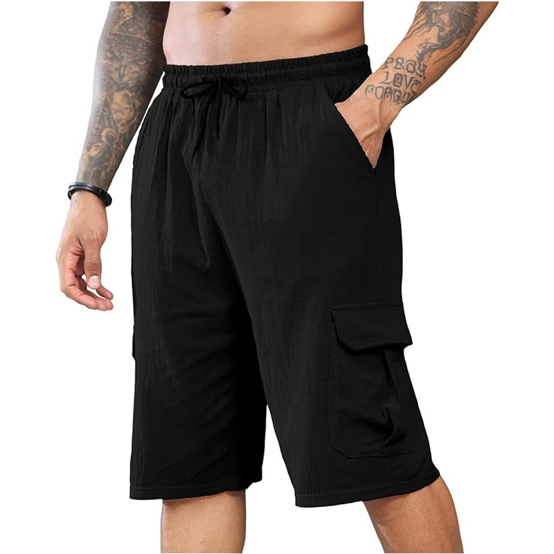 Men's Cotton and Linen Multi-Pocket Tie Shorts