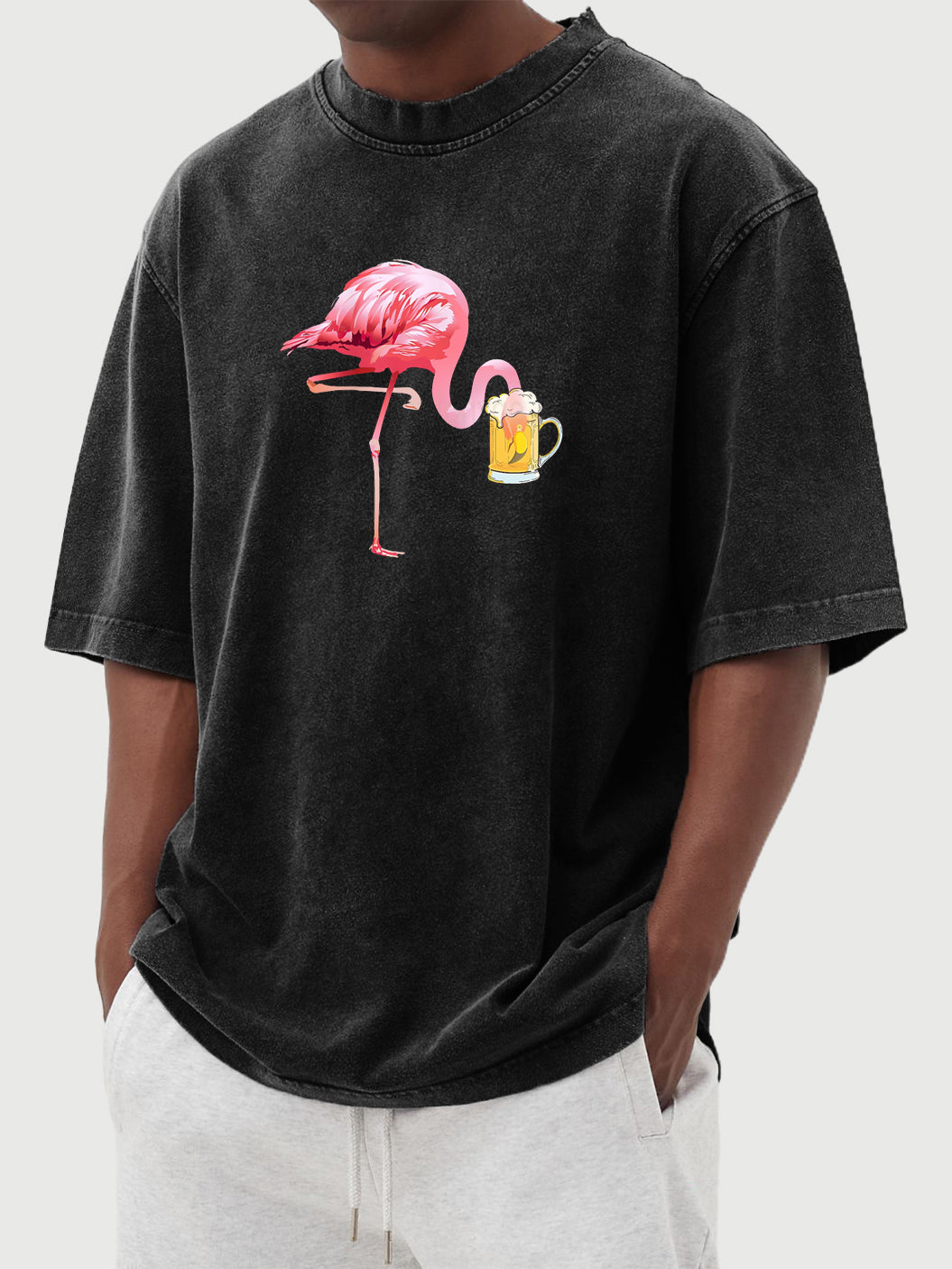 Men's Flamingo Beer Print Washed Distressed Cotton T-Shirt Top