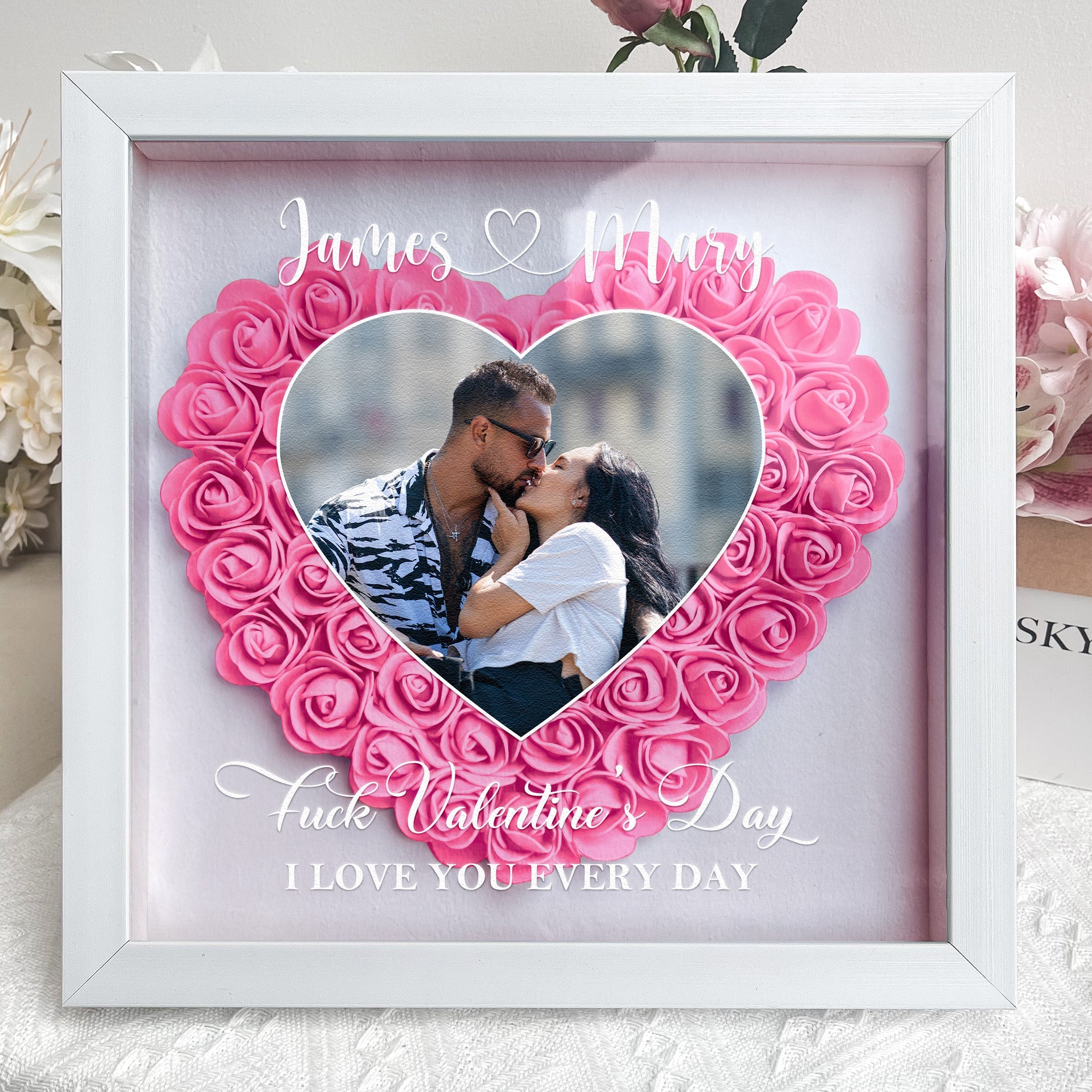 Valentine's Day I Love You Every Day - Personalized Photo Flower Shadow Box