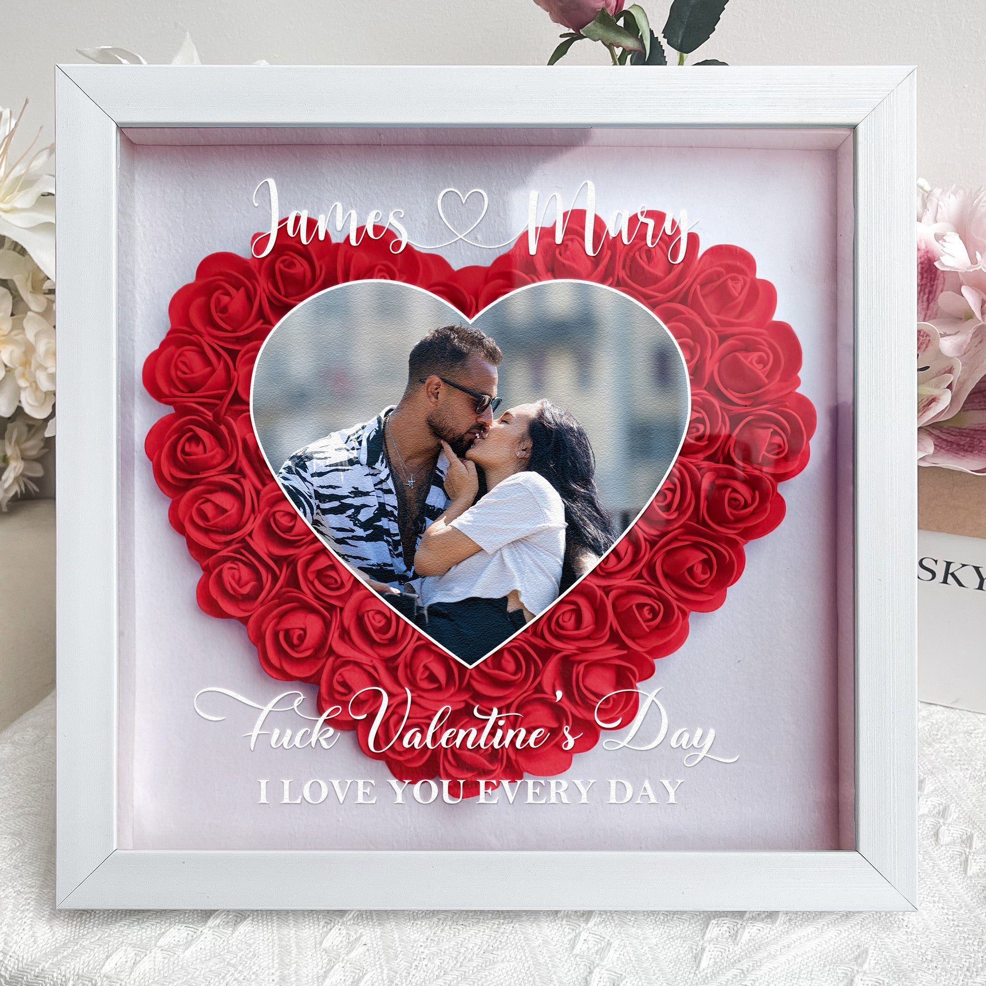 Valentine's Day I Love You Every Day - Personalized Photo Flower Shadow Box