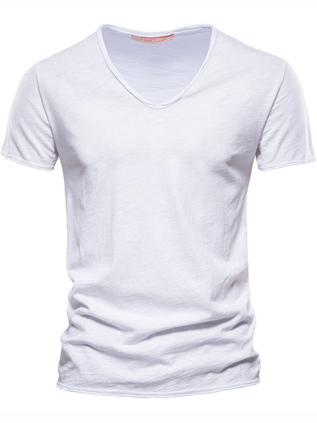 Men's New Solid Color Bamboo Cotton V-neck Short-sleeved T-shirt