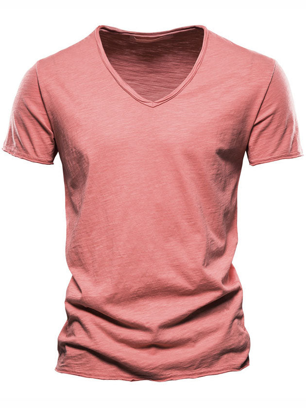 Men's New Solid Color Bamboo Cotton V-neck Short-sleeved T-shirt