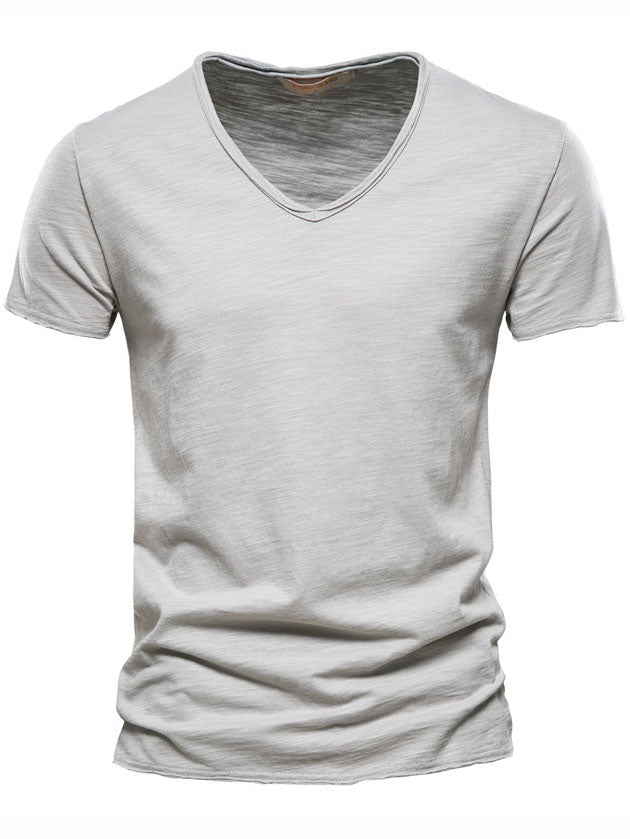 Men's New Solid Color Bamboo Cotton V-neck Short-sleeved T-shirt