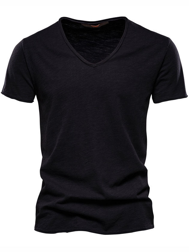 Men's New Solid Color Bamboo Cotton V-neck Short-sleeved T-shirt