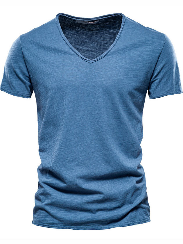 Men's New Solid Color Bamboo Cotton V-neck Short-sleeved T-shirt