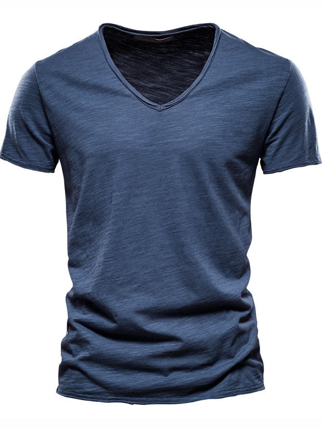 Men's New Solid Color Bamboo Cotton V-neck Short-sleeved T-shirt