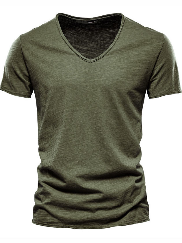 Men's New Solid Color Bamboo Cotton V-neck Short-sleeved T-shirt