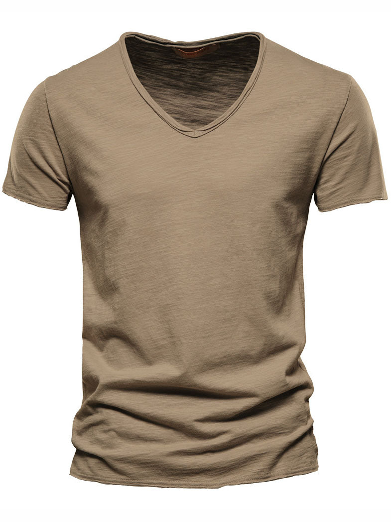 Men's New Solid Color Bamboo Cotton V-neck Short-sleeved T-shirt