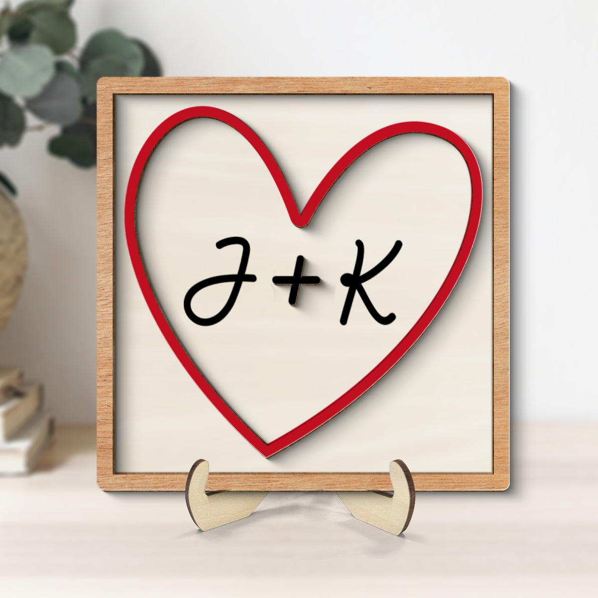 Personalized Initials Heart Sign Personalized 2-Layered Wooden Plaque, Tiered Tray Valentines Signs or Shelf Signs