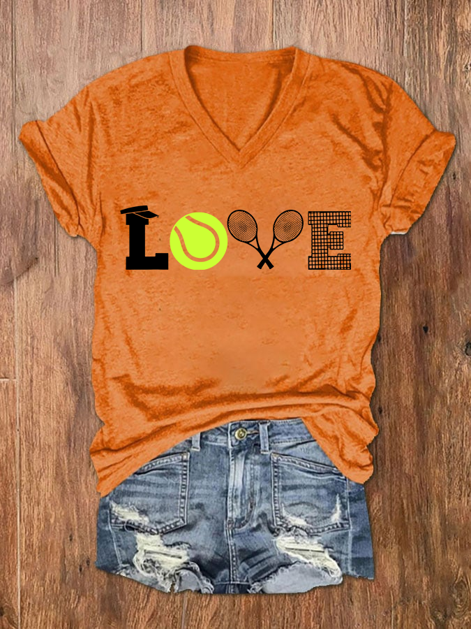 Women's Love Tennis Print V-Neck T-Shirt