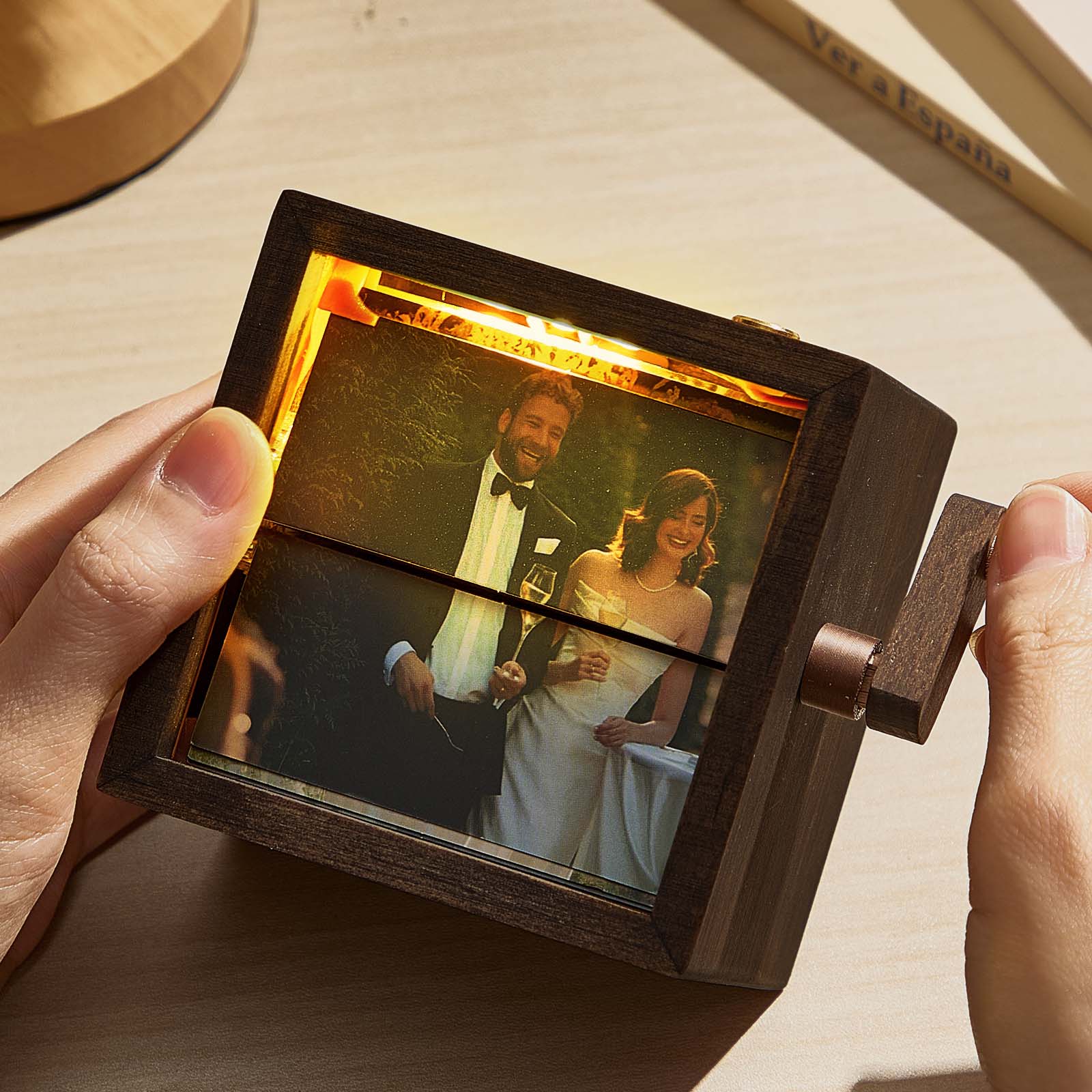 Custom photo flipbook frame, hand-cranked animation, black walnut baby cube—an inventive gift for treasured memories