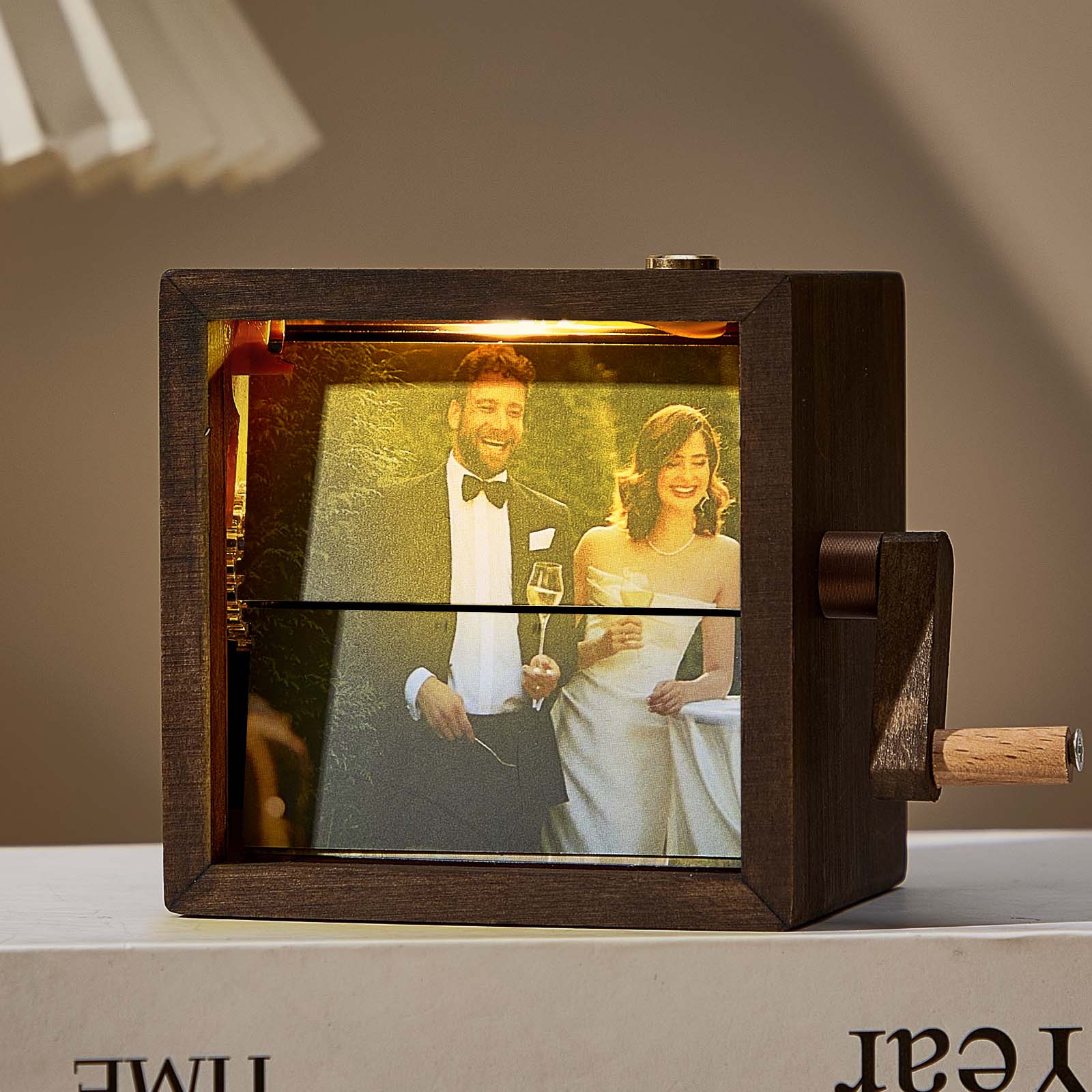 Custom photo flipbook frame, hand-cranked animation, black walnut baby cube—an inventive gift for treasured memories