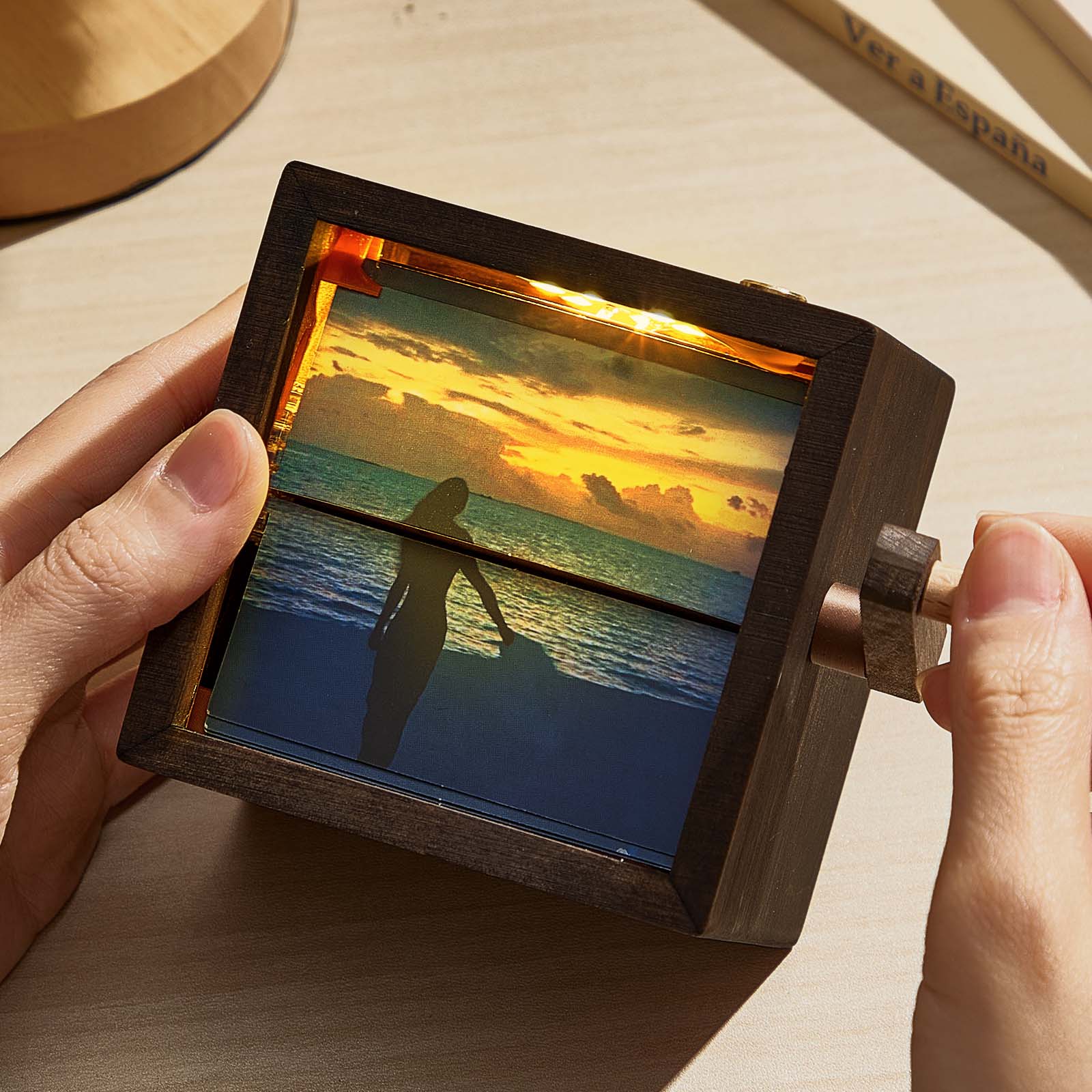 Custom photo flipbook frame, hand-cranked animation, black walnut baby cube—an inventive gift for treasured memories