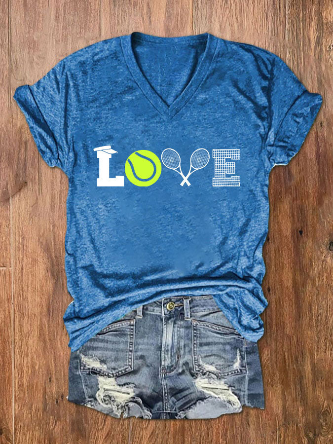 Women's Love Tennis Print V-Neck T-Shirt