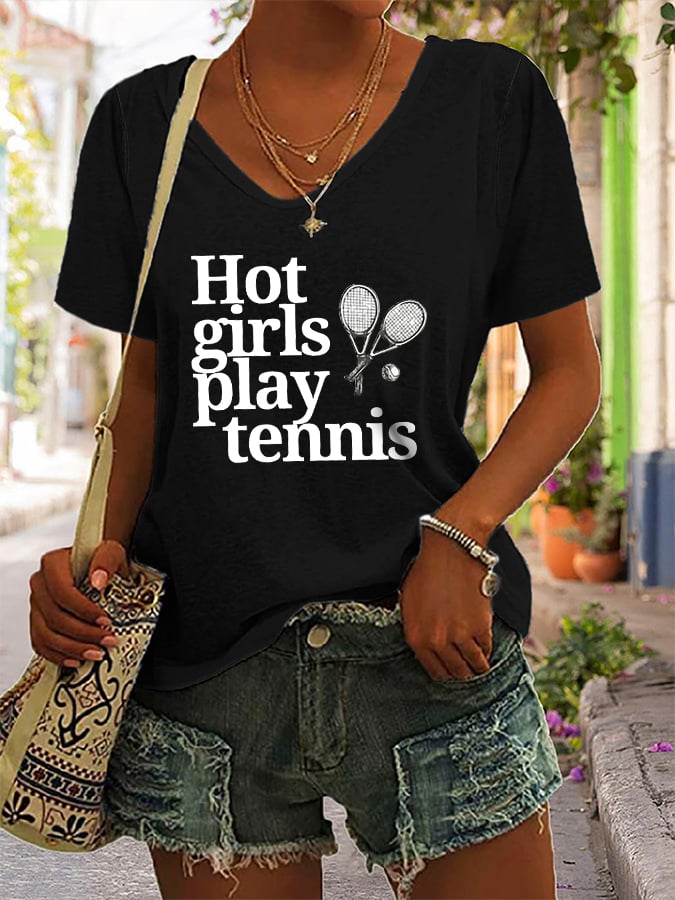 Women's Hot girls play tennis Printed V-Neck T-Shirt