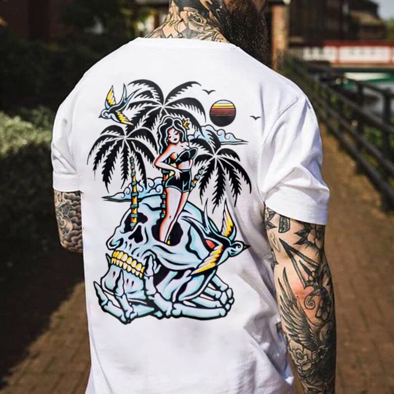 Skull Coconut Tree Printed Casual Men's T-shirt