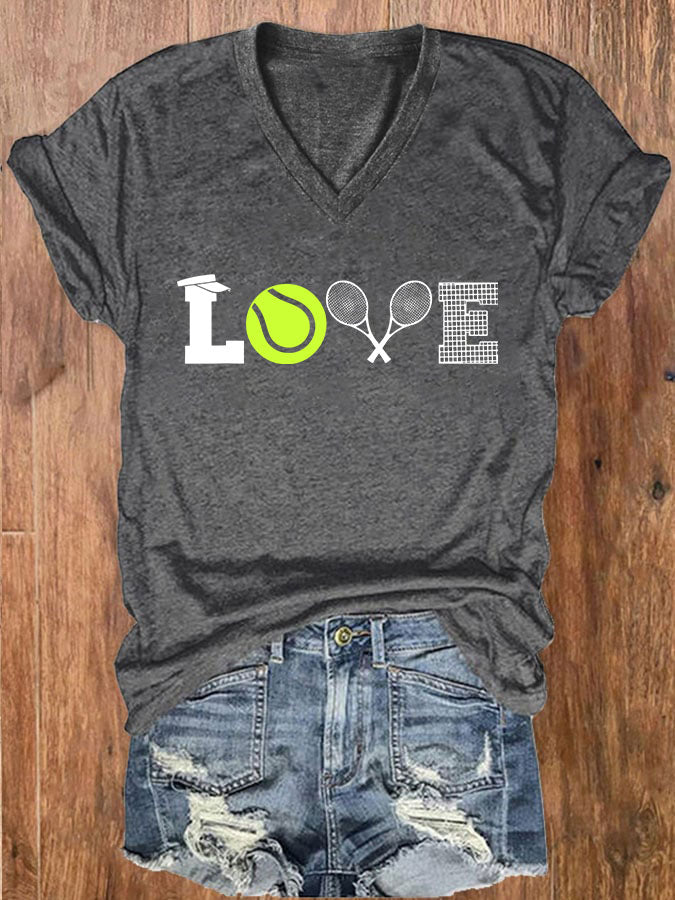 Women's Love Tennis Print V-Neck T-Shirt