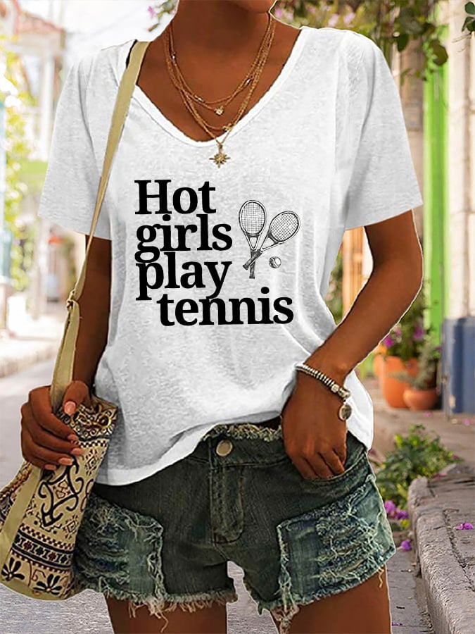 Women's Hot girls play tennis Printed V-Neck T-Shirt