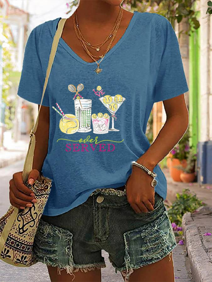 Women's Funny Tennis Tennis Drinks  Tennis Lover Print V-neck T-Shirt