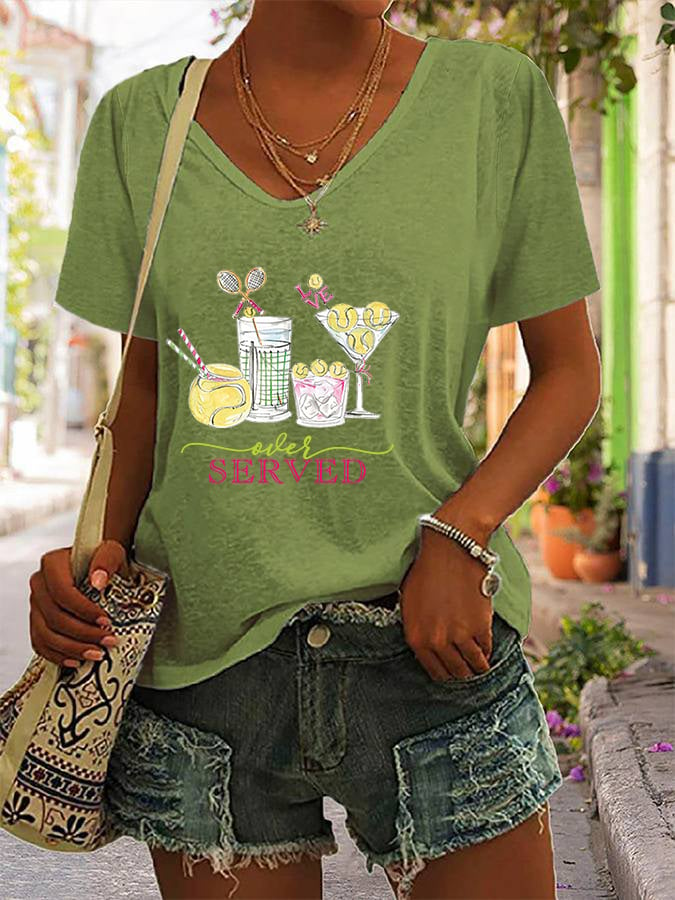 Women's Funny Tennis Tennis Drinks  Tennis Lover Print V-neck T-Shirt