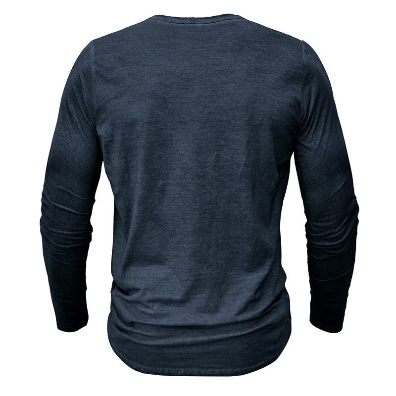 Men's Washed Distressed Cotton V-neck Henley Vintage Long-sleeved T-shirt