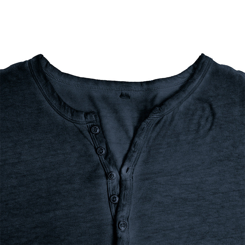 Men's Washed Distressed Cotton V-neck Henley Vintage Long-sleeved T-shirt