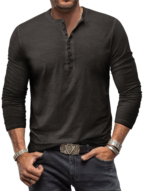 Men's Washed Distressed Cotton V-neck Henley Vintage Long-sleeved T-shirt